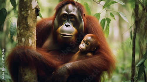 Orangutan mother and child. Illustration AI Generative.