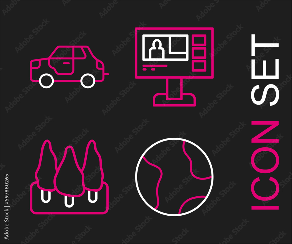 Set line Earth globe, Forest, Television report and Car icon. Vector Set line Earth globe, Forest, Television report and Car icon. Vector