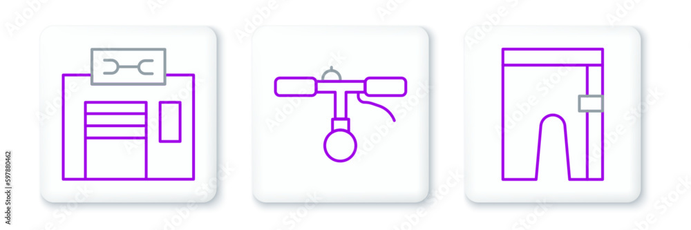 Set line Cycling shorts, Bicycle repair service and handlebar icon. Vector Set line Cycling shorts, Bicycle repair service and handlebar icon. Vector