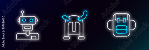 Set line School backpack, Robot and Viking in horned helmet icon. Glowing neon. Vector