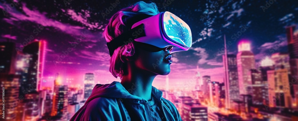 A futuristic cityscape illuminated by neon lights as a person explores a virtual reality world, hinting at the immersive possibilities of future technology, game A futuristic cityscape illuminated by neon lights as a person explores a virtual reality world, hinting at the immersive possibilities of future technology, game