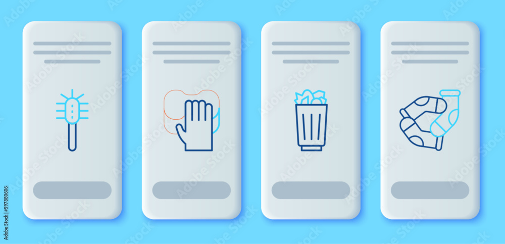 Set line Cleaning service, Full trash can, Toilet brush and Socks icon. Vector