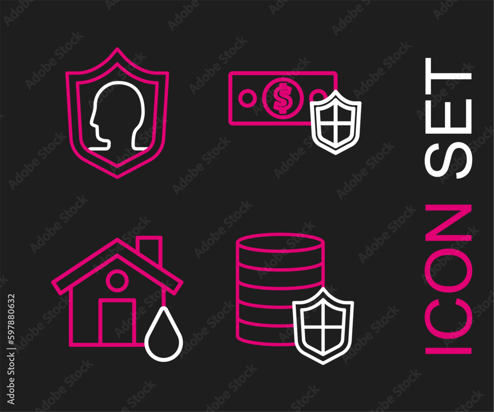 Set line Money with shield, House flood, and Life insurance icon. Vector Set line Money with shield, House flood, and Life insurance icon. Vector