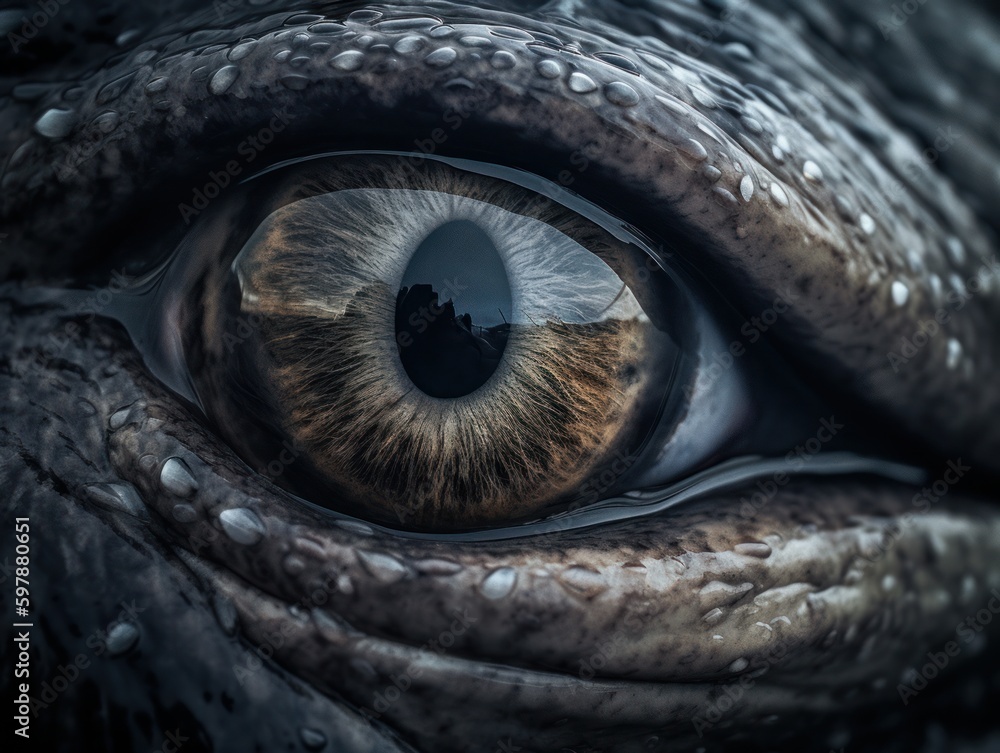 Close-up of a scary animal eye. Generative AI. Close-up of a scary animal eye. Generative AI.