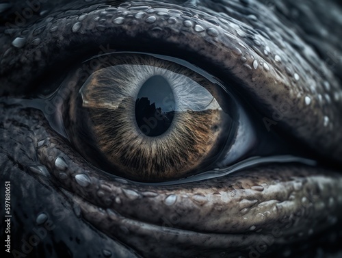 Close-up of a scary animal eye. Generative AI.