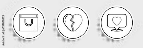 Set line Like and heart, Shopping bag and Broken icon. Vector