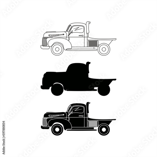 set of silhouette illustrations, signs and line art of old farm trucks