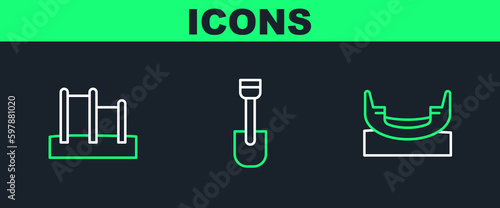 Set line Boat swing, Horizontal bar and Shovel toy icon. Vector