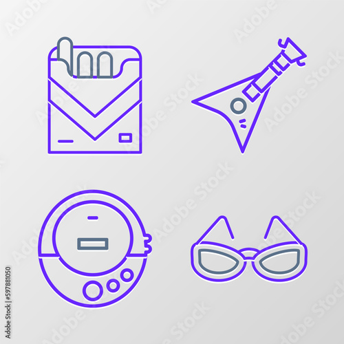 Set line Glasses, Music CD player, Electric bass guitar and Cigarettes pack box icon. Vector