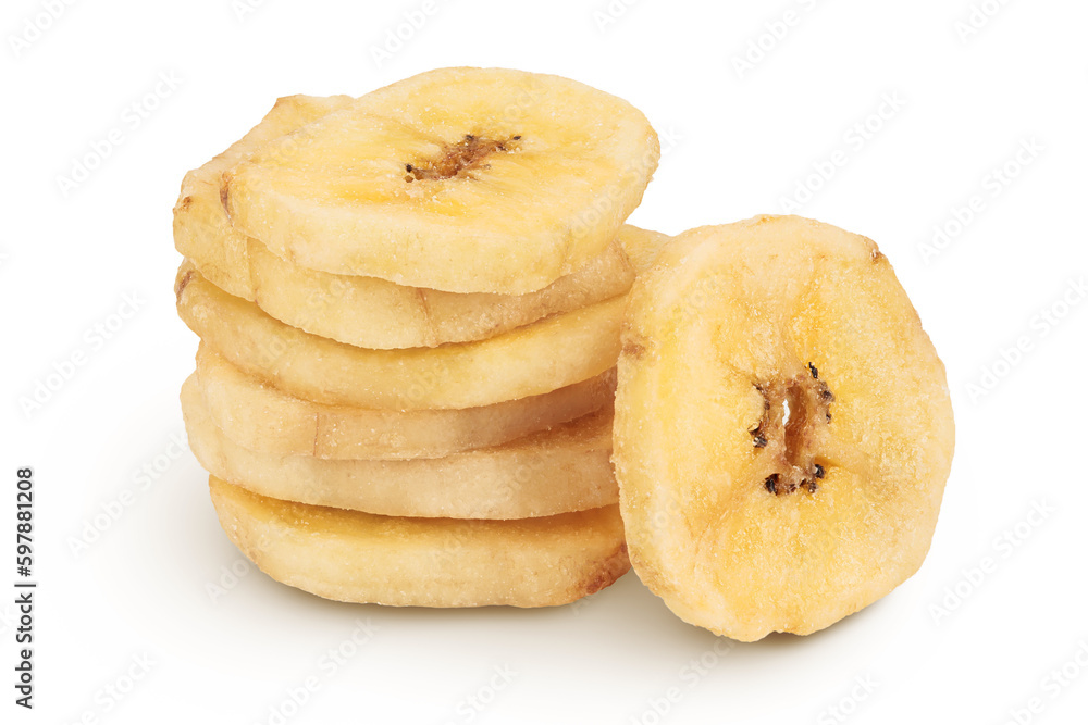 Dried banana chips isolated on white background with full depth of field Dried banana chips isolated on white background with full depth of field