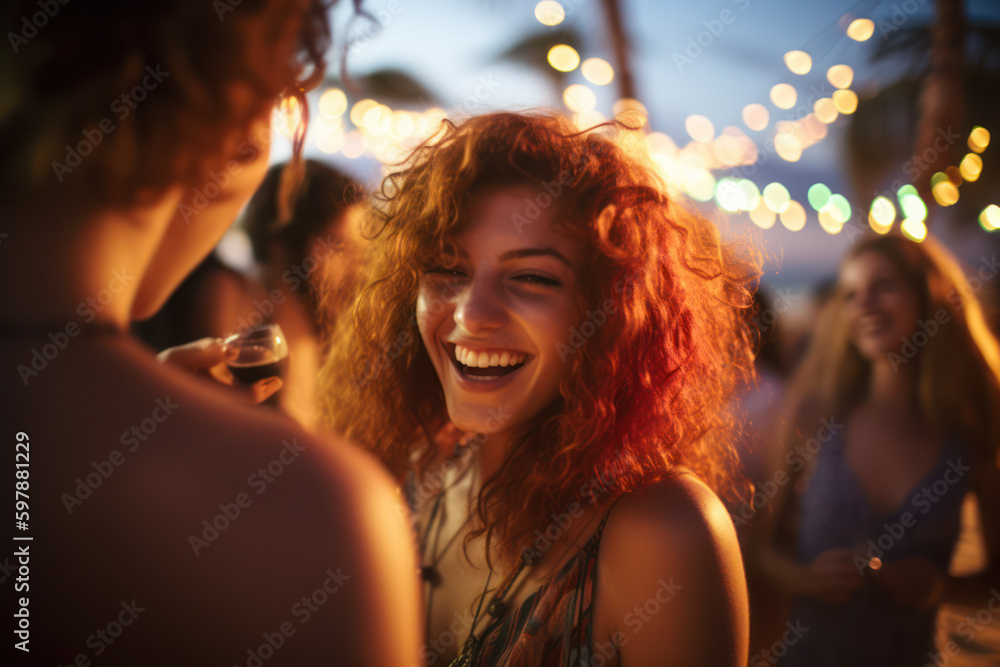 girl with red curly hair enjoying a beach party in the evening. generative ai