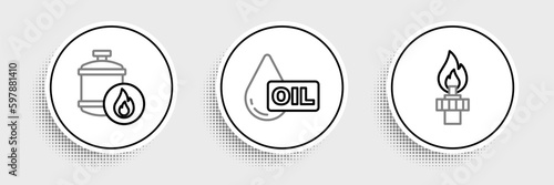 Set line Oil rig with fire, Propane gas tank and drop icon. Vector