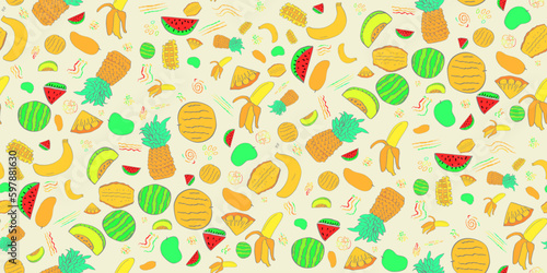 Fototapeta Naklejka Na Ścianę i Meble -  Fresh and Fun Hand Drawn Colorful Tropical Fruit Seamless Pattern Background Summer Designs. Half drop brick method. Vector Illustration Features Pineapples, Watermelons, and Juicy