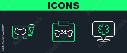 Set line Location hospital, Ultrasound and X-ray shots with broken bone icon. Vector