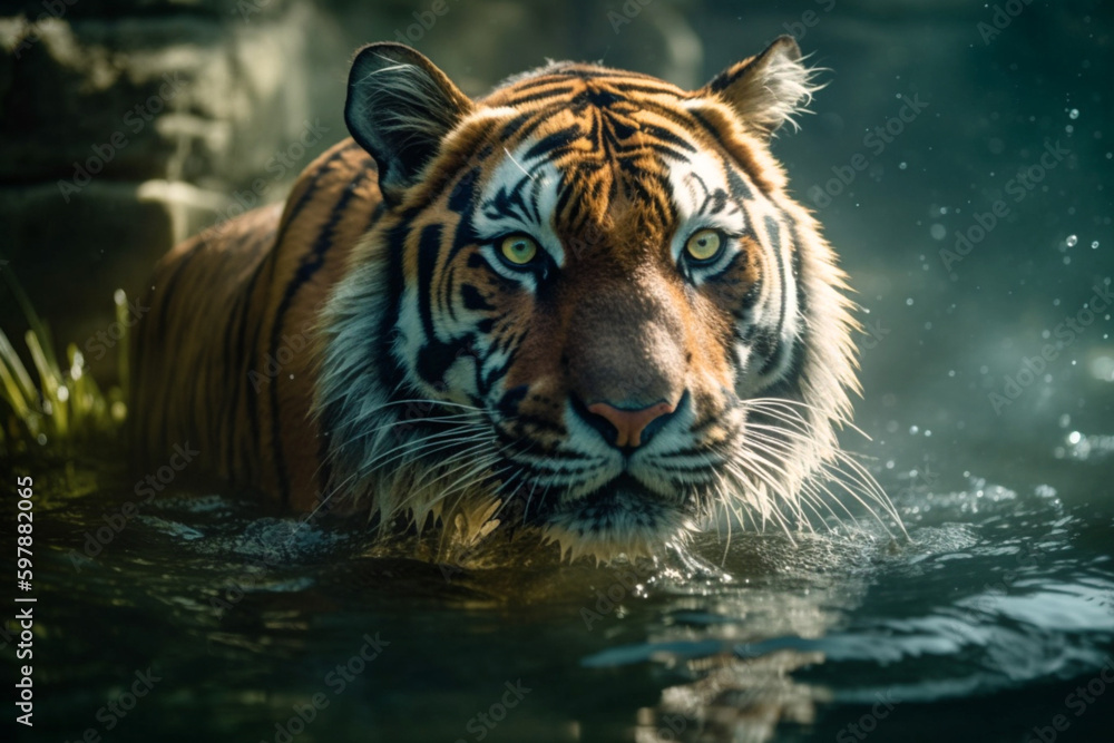 Close up of Tiger in Water (Panthera Tigris) : Curious Tiger Studies Fish in Natural Habitat - created with Generative AI Technology Close up of Tiger in Water (Panthera Tigris) : Curious Tiger Studies Fish in Natural Habitat - created with Generative AI Technology