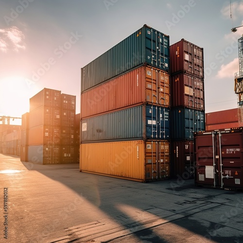 container box in logistic shipping yard with cargo container stack, Crane lifting up container in yard - Industrial Container Yard for Logistic Import Export Business . generative AI
