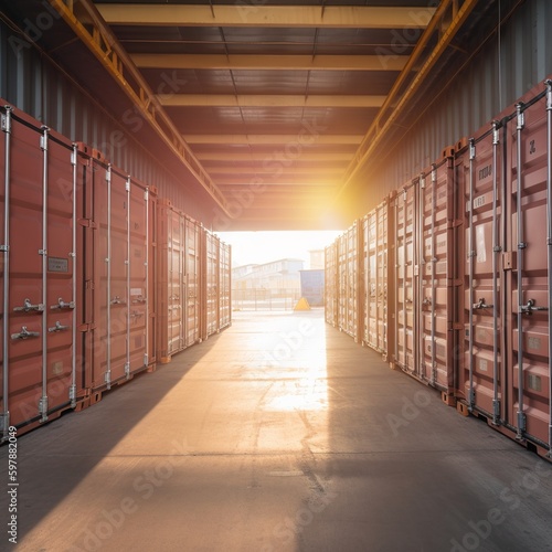 Container box in shipping port warehouse. generative AI