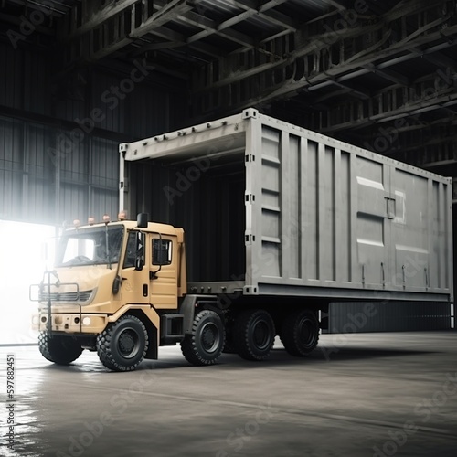 Crane truck Drive Lifting container in warehouse. generative ai. generative ai