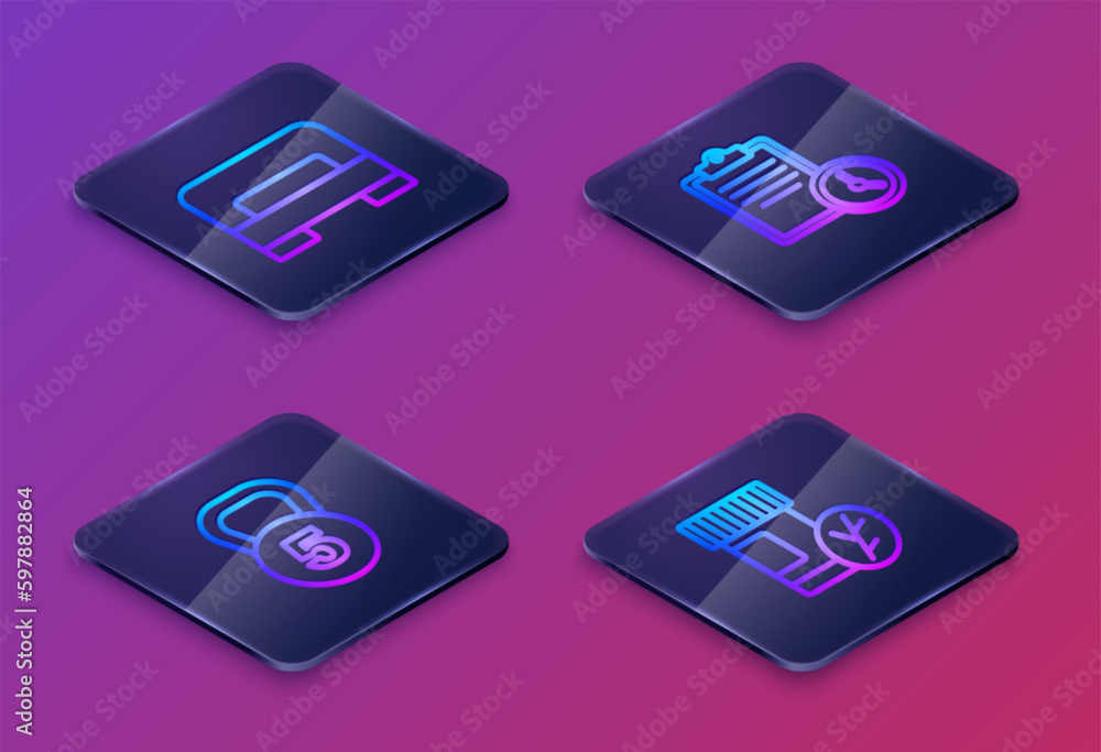 Set Isometric line Big bed, Weight, Sport training program and Vitamin pill. Blue square button. Vector Set Isometric line Big bed, Weight, Sport training program and Vitamin pill. Blue square button. Vector
