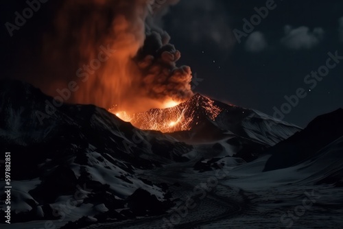 there was a powerful volcanic eruption at night with the release of ash and lava. Generative AI © Margo_Alexa