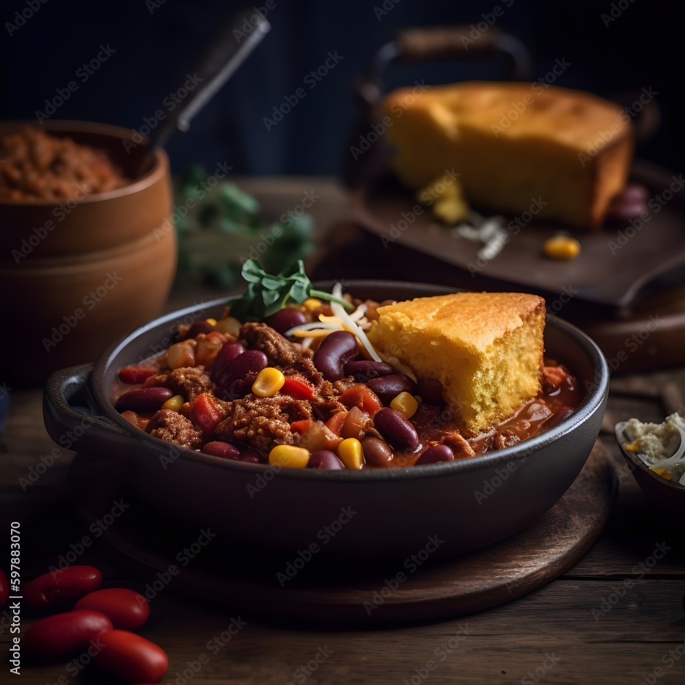 Fototapeta premium Hearty and filling plate of chili con carne with cornbread