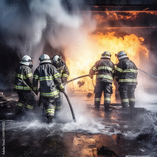 Firefighter rescue training with a fire extinguisher. Firefighter fighting flames with a fire hose and a chemical water foam spray engine. Firefighters wear hard hats. generative ai