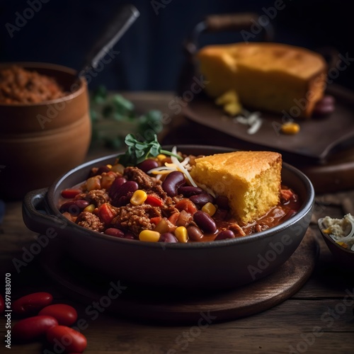 Hearty and filling plate of chili con carne with cornbread photo