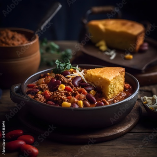 Hearty and filling plate of chili con carne with cornbread