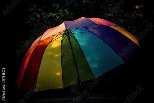 rainbow-colored umbrella with illumination from the inside on a black background.Copy space. Generative AI © Margo_Alexa