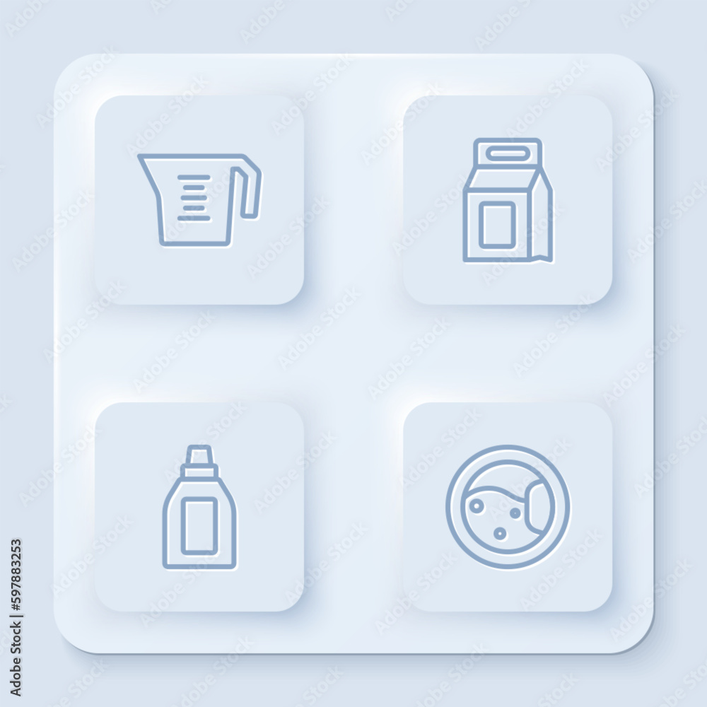Set line Measuring cup, Laundry detergent, Bottle for cleaning agent and Washer. White square button. Vector Set line Measuring cup, Laundry detergent, Bottle for cleaning agent and Washer. White square button. Vector