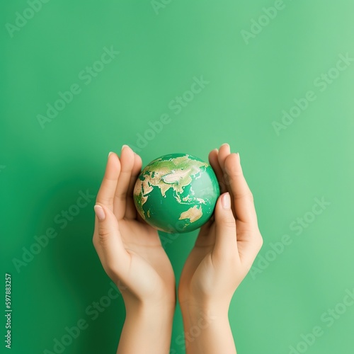 hands holding a globe on green background and ecology, save world. generative ai