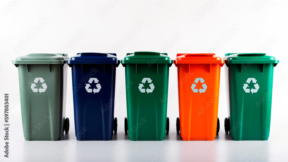 Colorful Recycling Bins Set with Recycle Symbol Plastic, Glass, Paper
