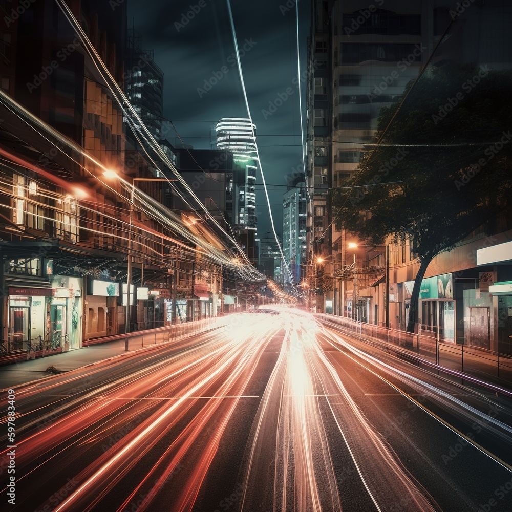 warp speed in hyperloop with blue light from buildings' lights in mega city at night. generative ai warp speed in hyperloop with blue light from buildings' lights in mega city at night. generative ai