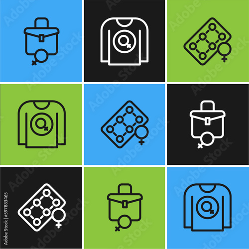Set line Work for female, Packaging of birth control pills and Feminist shirt icon. Vector