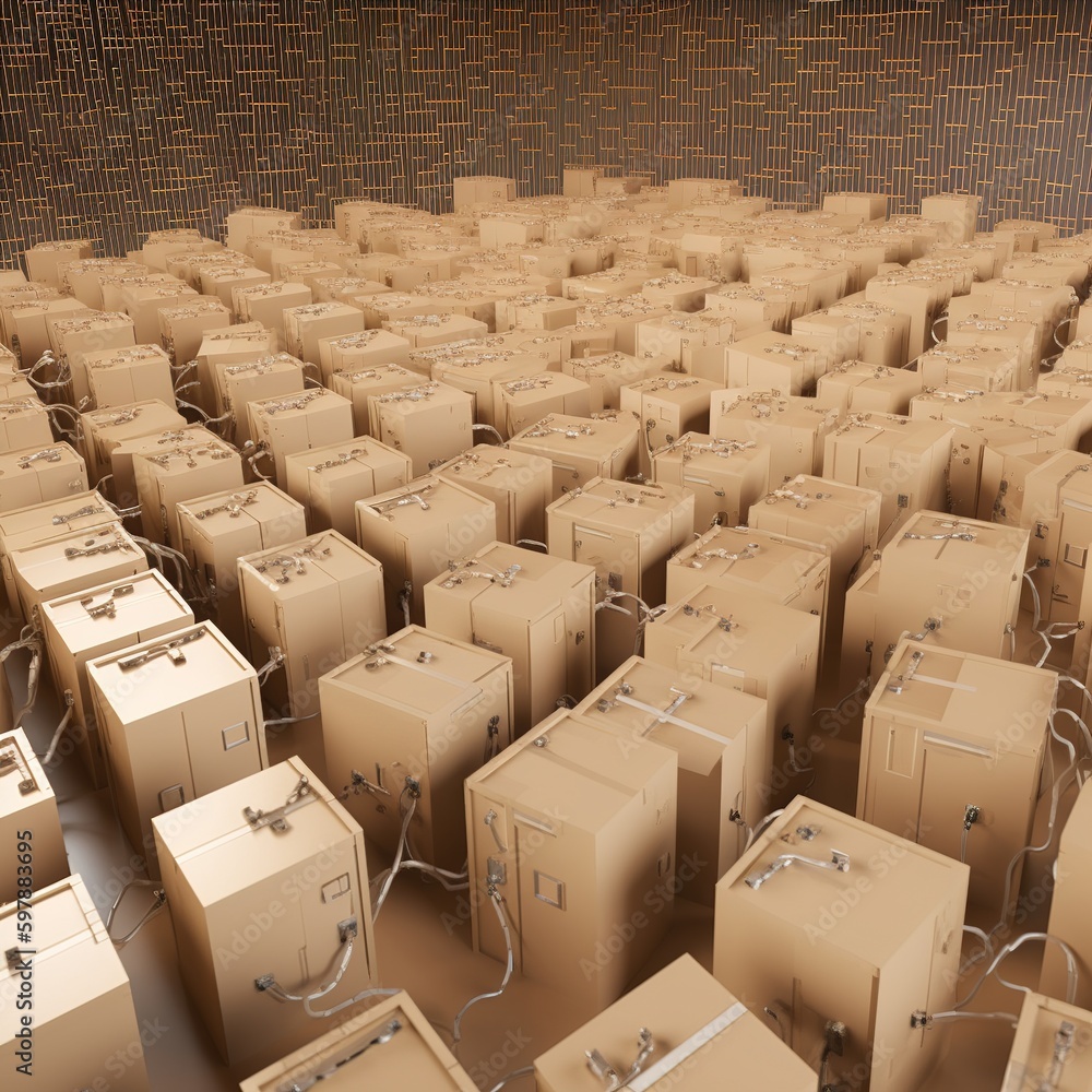Fototapeta premium Large group of cardboard boxes connected to microchip. generative AI