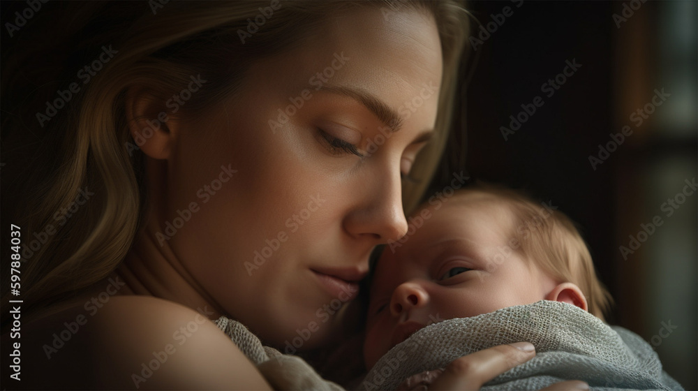mother with a child in her arms. happiness of motherhood. Mothers Day. Generative AI