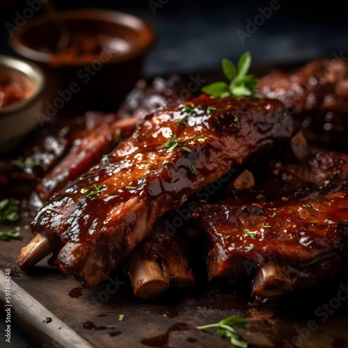 A photograph of barbecued ribs with BBQ sauce