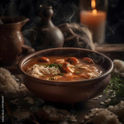 Photo of a rustic ceramic bowl of seafood gumbo