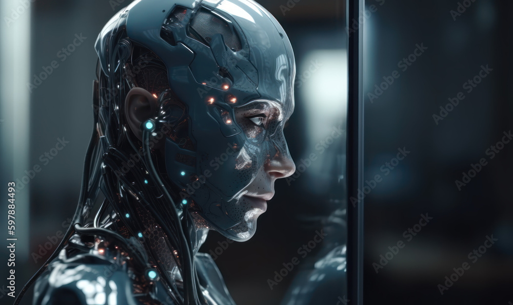Naklejka premium Exploring Blurring Boundaries of AI Consciousness with a Compelling Portrait of a Humanoid Robot Reflecting on the Nature of its Identity