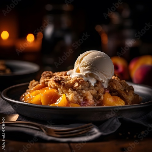 This delicious looking peach cobbler was captured with a Sony Alpha 6600 in warm artificial lighting, from a side angle to showcase the bubbling fruit and cristl.