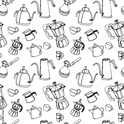 Pattern with illustrations of different methods of manual brewing, geyser coffee maker, v60, kettle, cups and filter of coffee on a white background, ink drawing