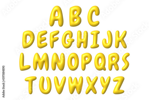 Set of yellow 3D letters icons. Cute metallic cartoon font with shiny bright highlights. 3d realistic vector design element.