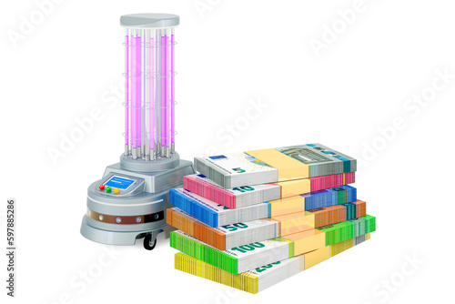 UV-Disinfection Robot with money, euro packs. 3D rendering