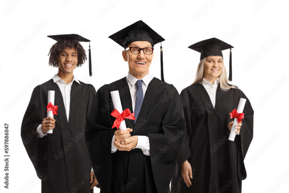 Elderly man and graduate students in gowns holding diplomas Elderly man and graduate students in gowns holding diplomas