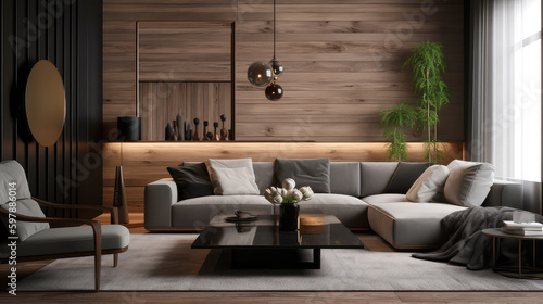 Modern interior design of living room. Generative AI © keks20034