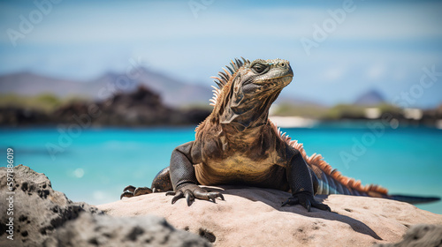 Iguana on a galapagos rocks, ai art photo