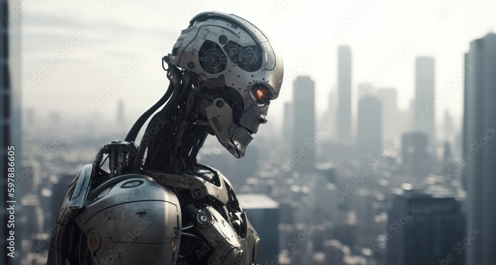 Robot on Skyscraper - Advanced Technology Meets Urban Landscape - Generative AI Robot on Skyscraper - Advanced Technology Meets Urban Landscape - Generative AI