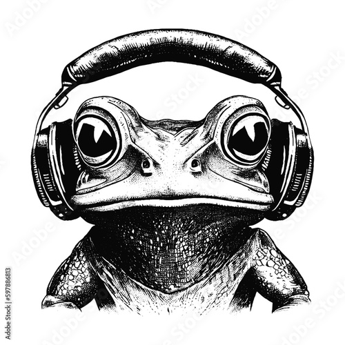 frog wearing headphones, a frog is listening to music sketch