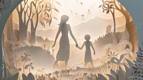 Mothers and Daughters - A Mother and Daughter Hold Hands as They Walk Through a Pastel Colored Flower Garden - Paper Cutout Paper Craft - Mothers Day Theme - Generative AI