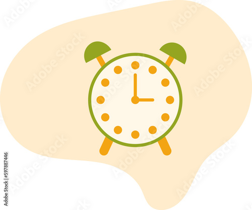 Isolated Colored Alarm Clock on Yellow Background. Vector Illustration of Orange and Green Alarm in Cartoon Style